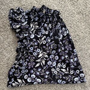 LOFT Black Floral Ruffle Neck Blouse